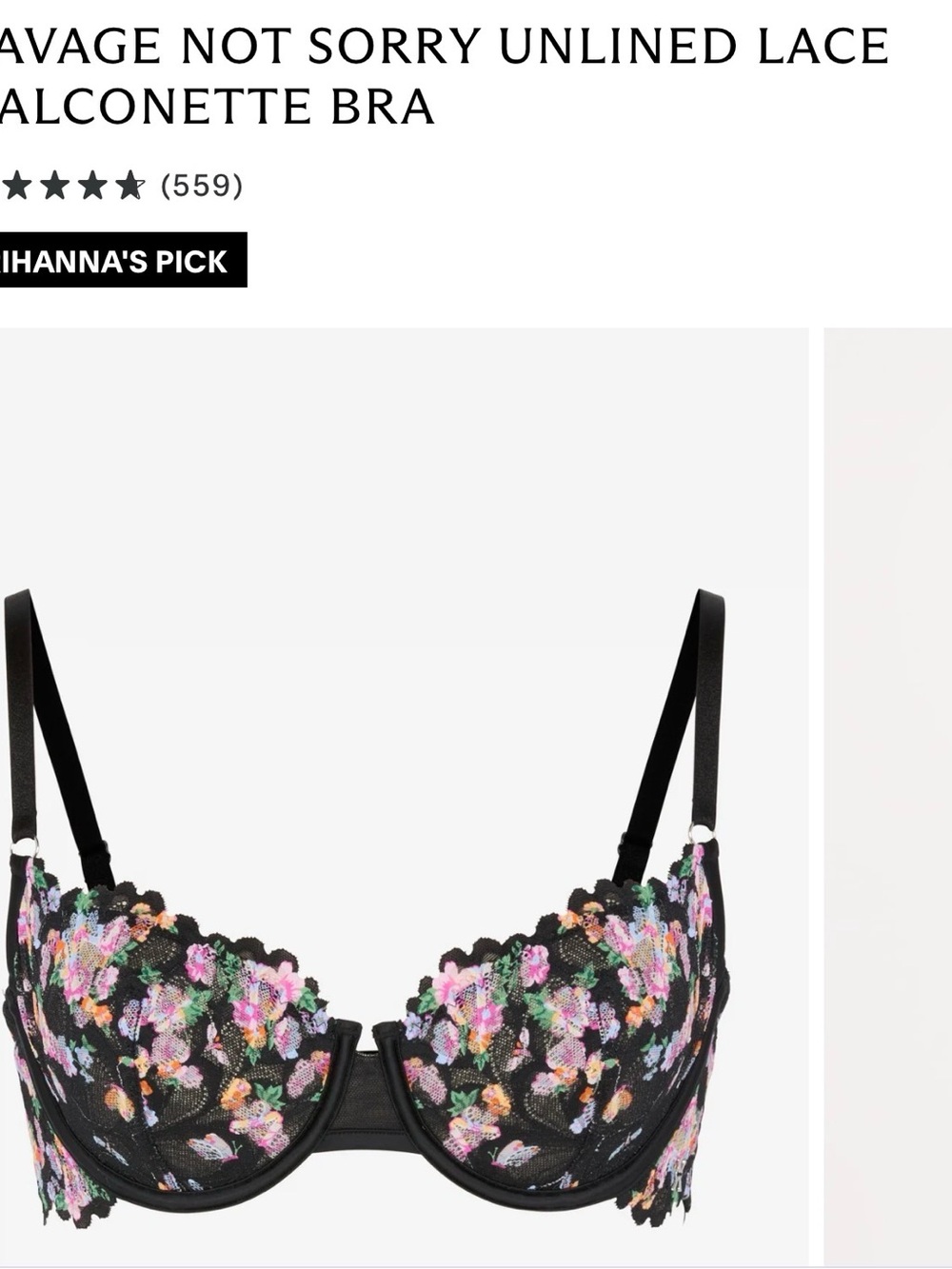 Savage X Fenty Black Lace Balconette Bra Multicolor  NWT